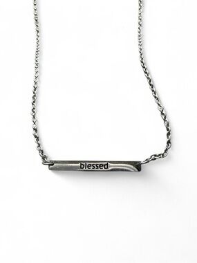 Silver “blessed” engraved bar necklace  - dainty minimalist necklace